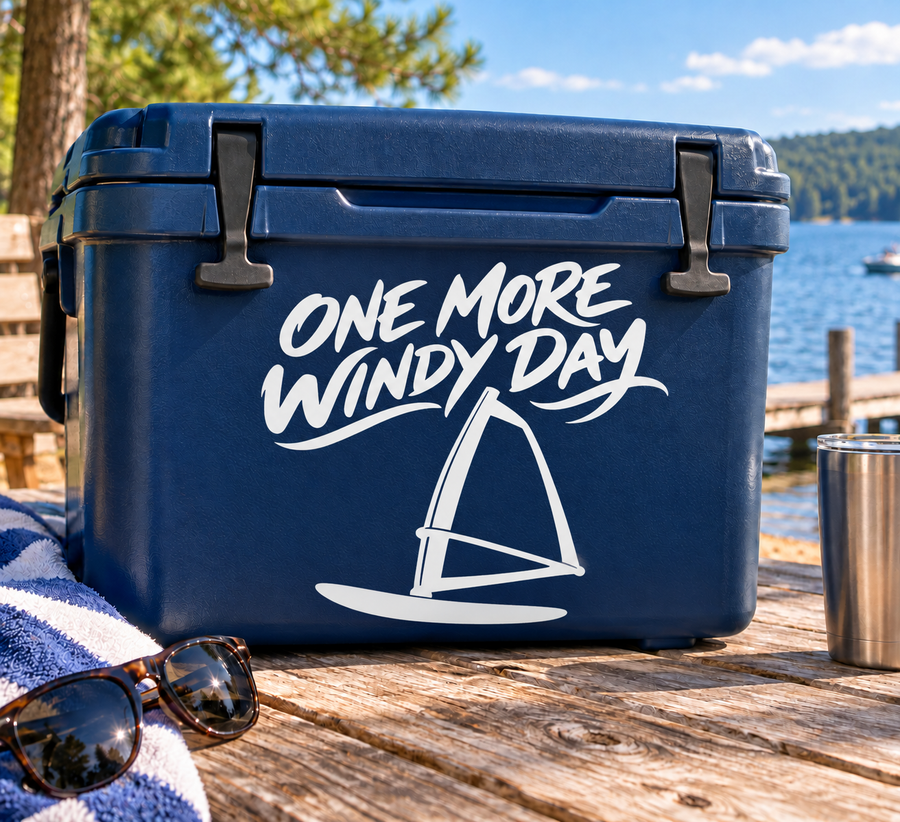 Windsurfing vinyl decal with 'One More Windy Day' script and sail icon on blue