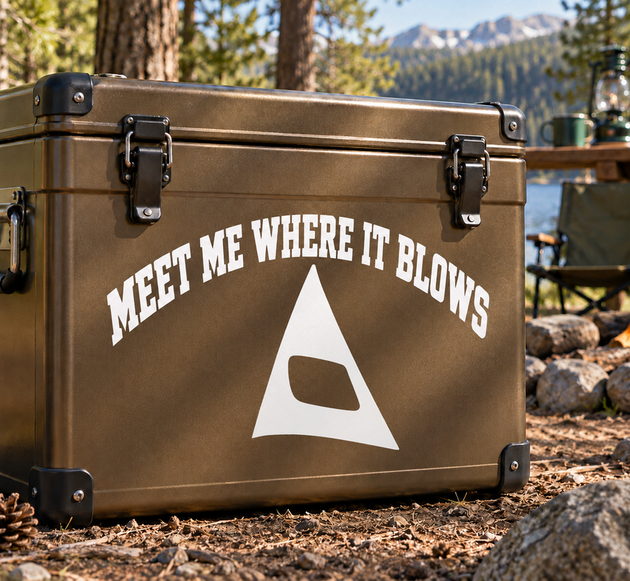 Vinyl decal with arched text "MEET ME WHERE IT BLOWS" and black triangle logo
