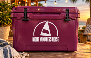 Vinyl windsurfing decal: white sail icon with “MORE WIND LESS NOISE” text