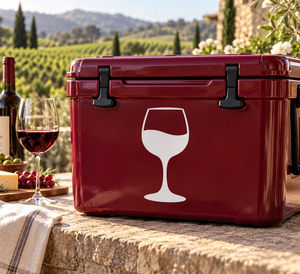 White wine glass vinyl decal on glossy maroon cooler, front view