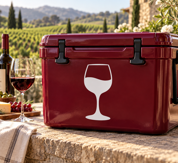 White wine glass vinyl decal on glossy maroon cooler, front view