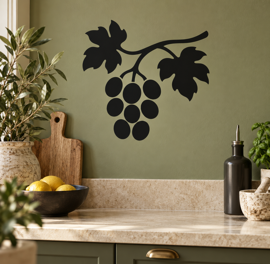 Black grape vine branch vinyl decal with grape cluster leaves