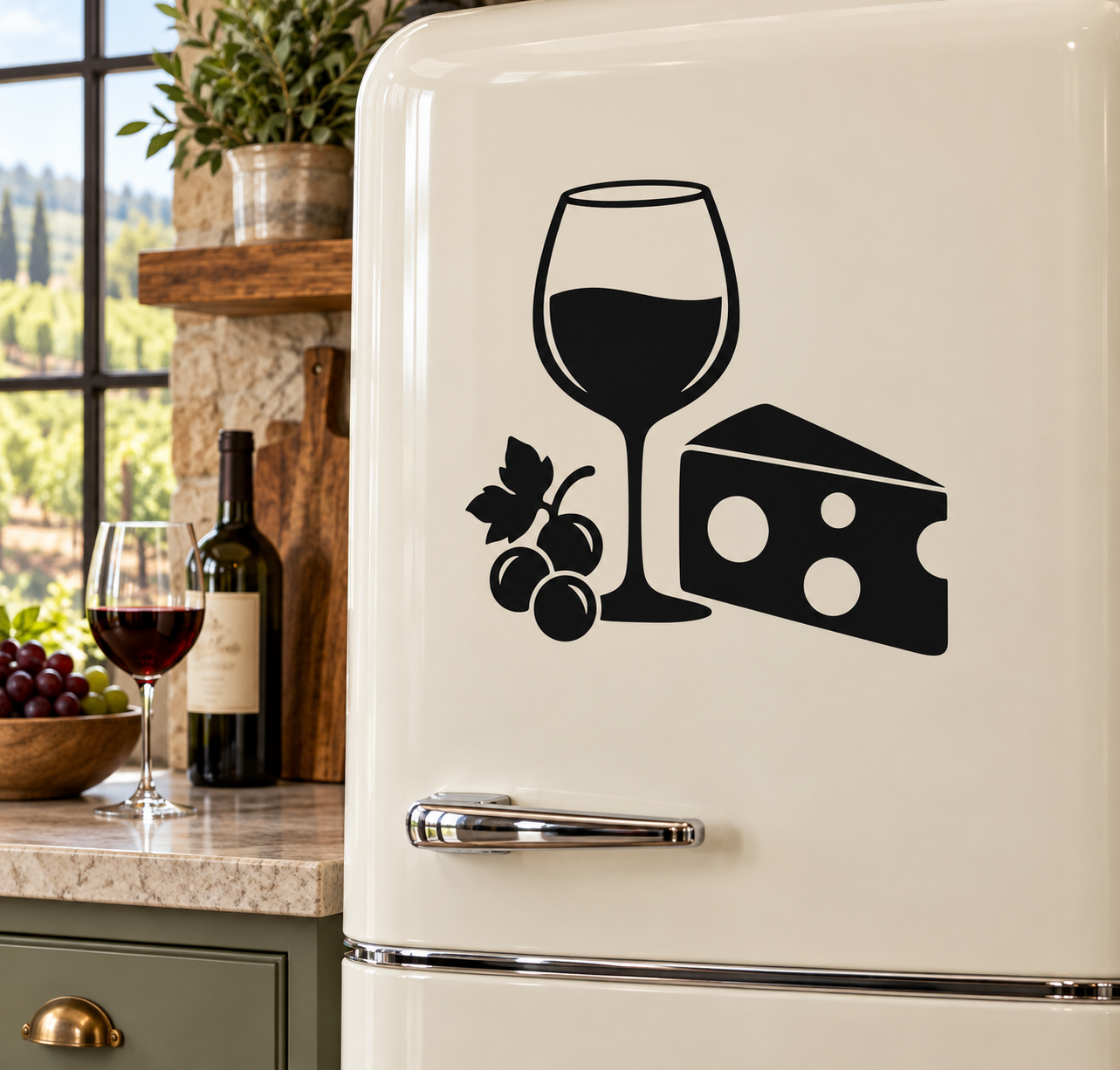 Black wine, cheese and grapes vinyl decal for appliance or wall decor