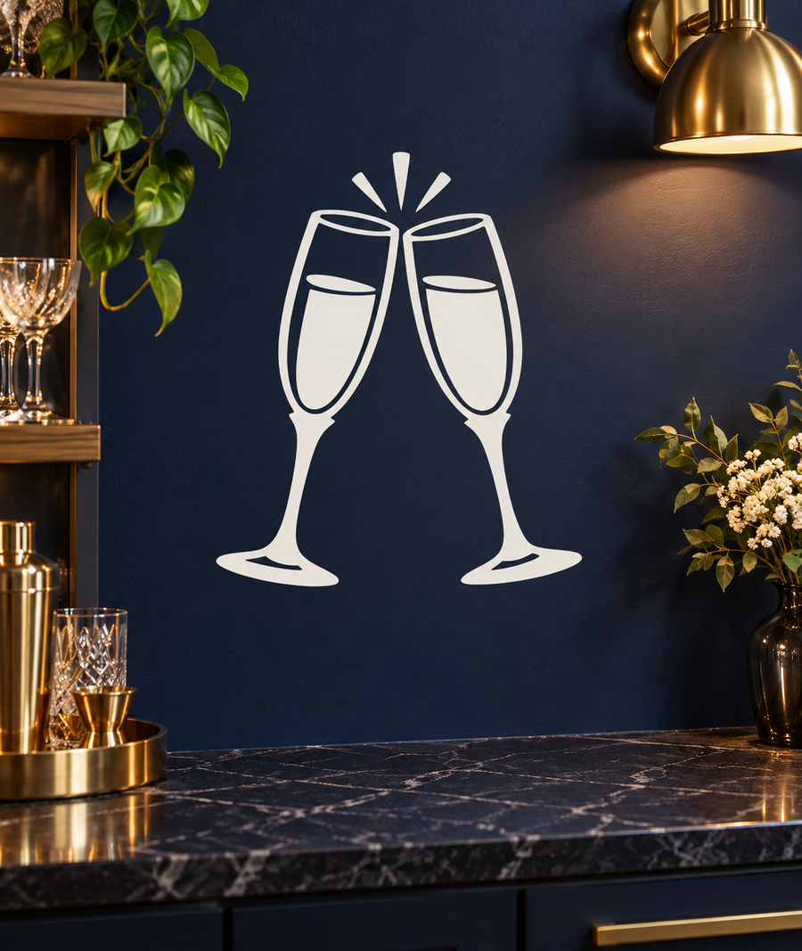Celebration vinyl decal of two clinking champagne flutes with sparkles above