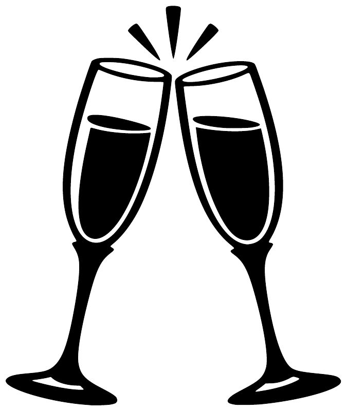 Clinking champagne flute vinyl decal, two glasses with sparkles above in white outline