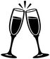 Clinking champagne flute vinyl decal, two glasses with sparkles above in white outline