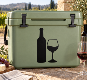 Bottle and wine glass vinyl decal, black icons on green container