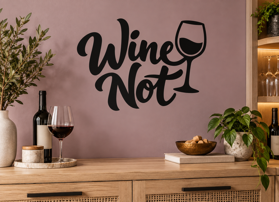 Wine Not vinyl decal with black wine glass and script text