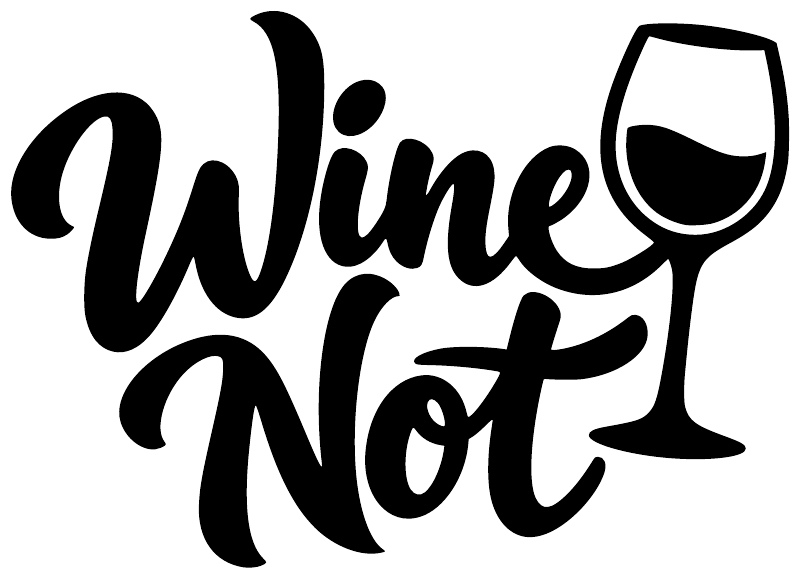 Black Wine Not vinyl decal with wine glass icon in cursive lettering