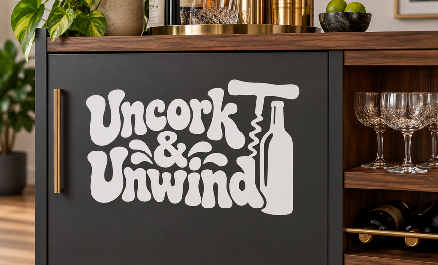 Vinyl decal with “Uncork & Unwind” lettering and wine bottle silhouette, white on dark.