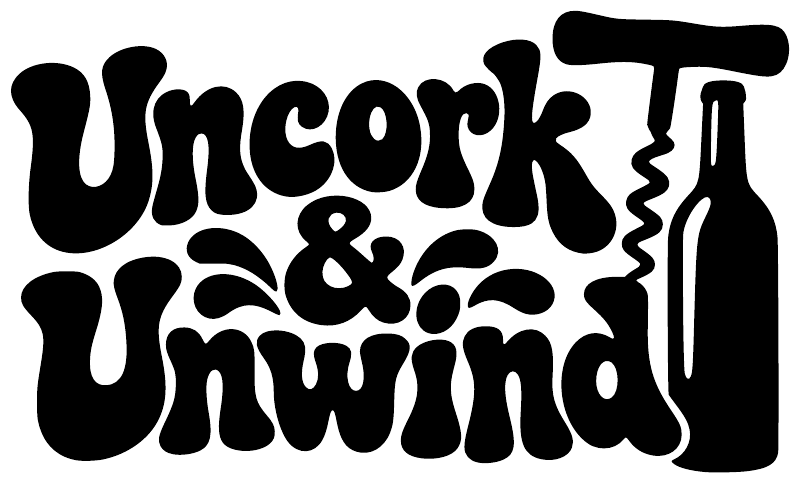 Uncork & Unwind vinyl decal with bottle silhouette, bold black lettering, large view.