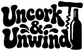 Uncork & Unwind vinyl decal with bottle silhouette, bold black lettering, large view.