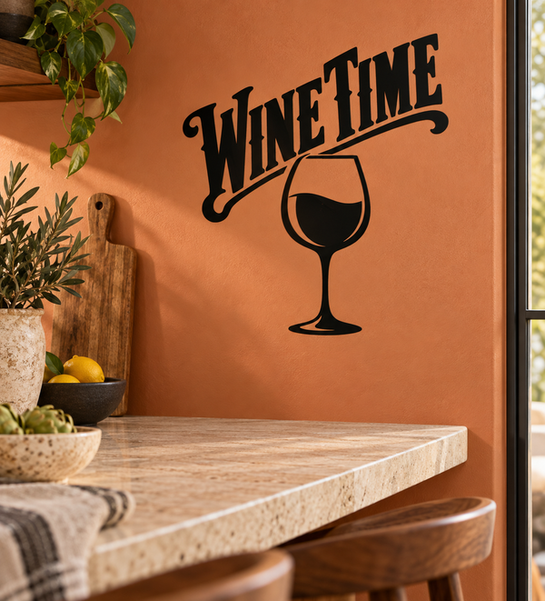 Black "WINE TIME" vinyl decal with wine glass outline, bold curved lettering