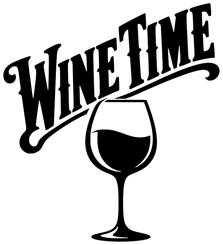 Black "WINE TIME" vinyl decal with wine glass icon, close-up curved lettering