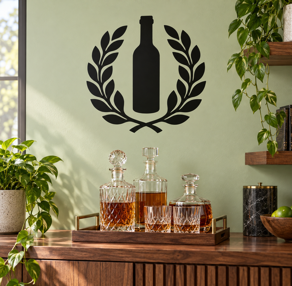 Wine bottle and laurel vinyl decal, black bottle with wreath leaves on wall