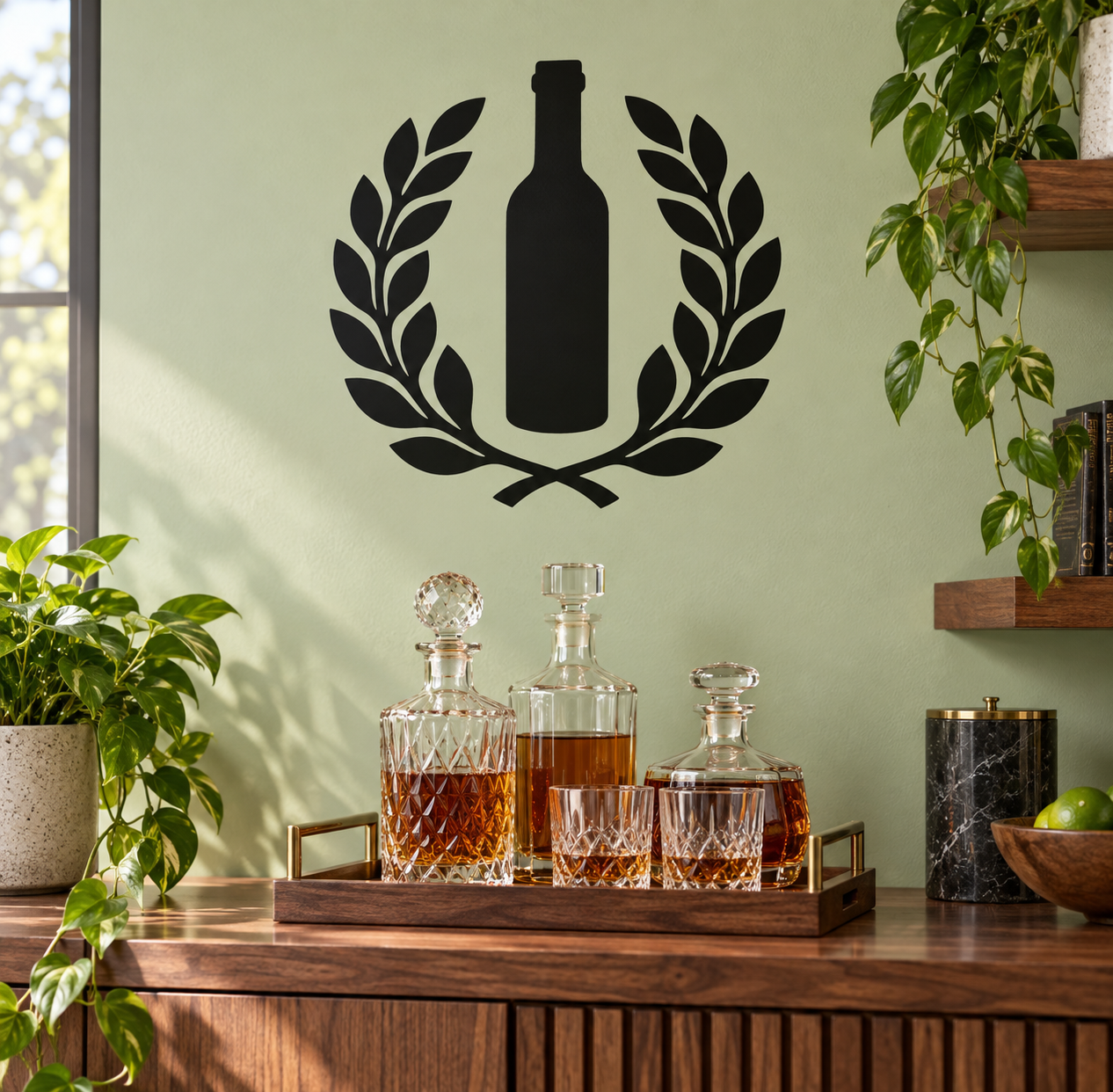 Wine bottle and laurel vinyl decal, black bottle with wreath leaves on wall