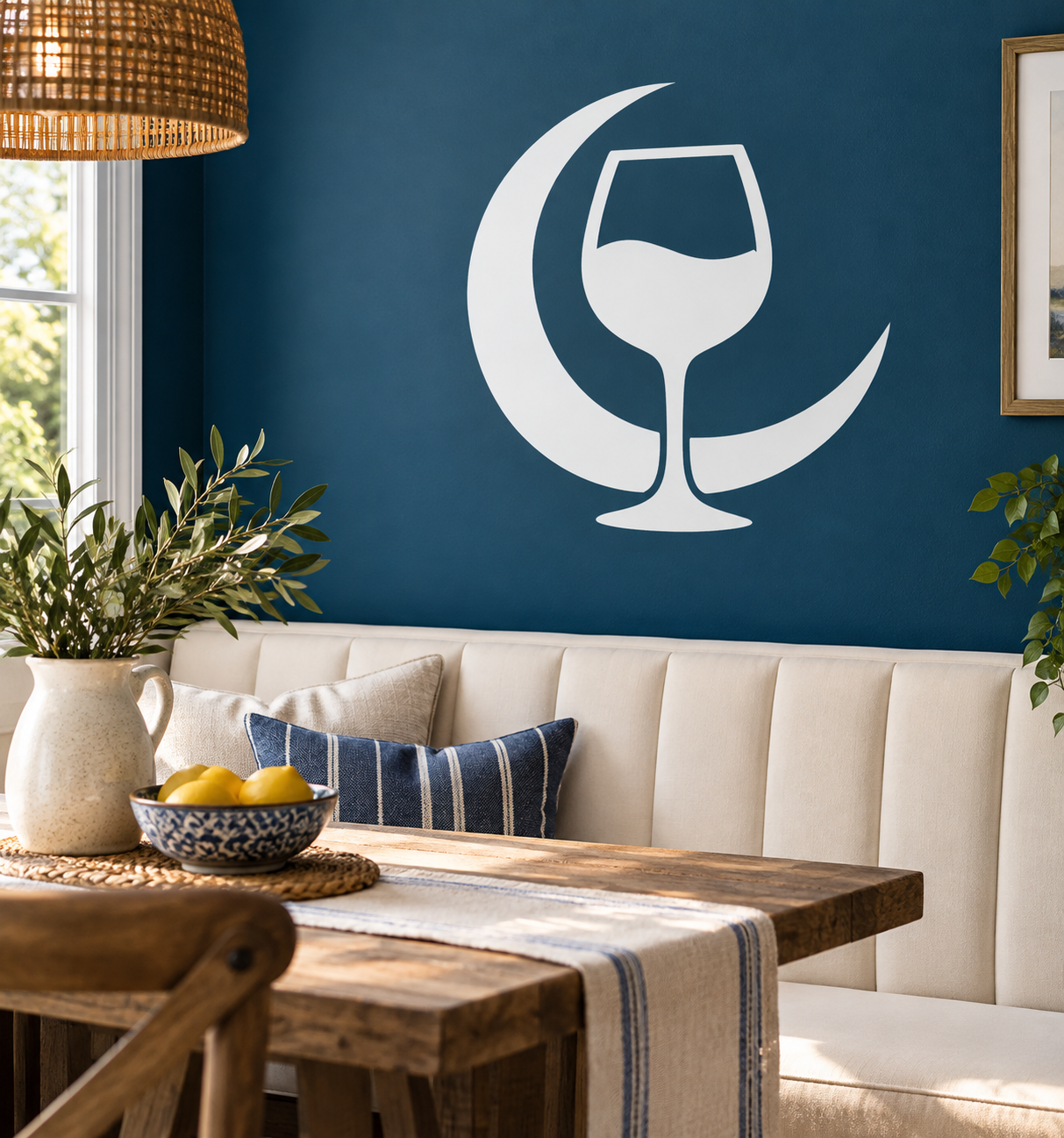 Wine glass crescent vinyl decal, white design on blue wall