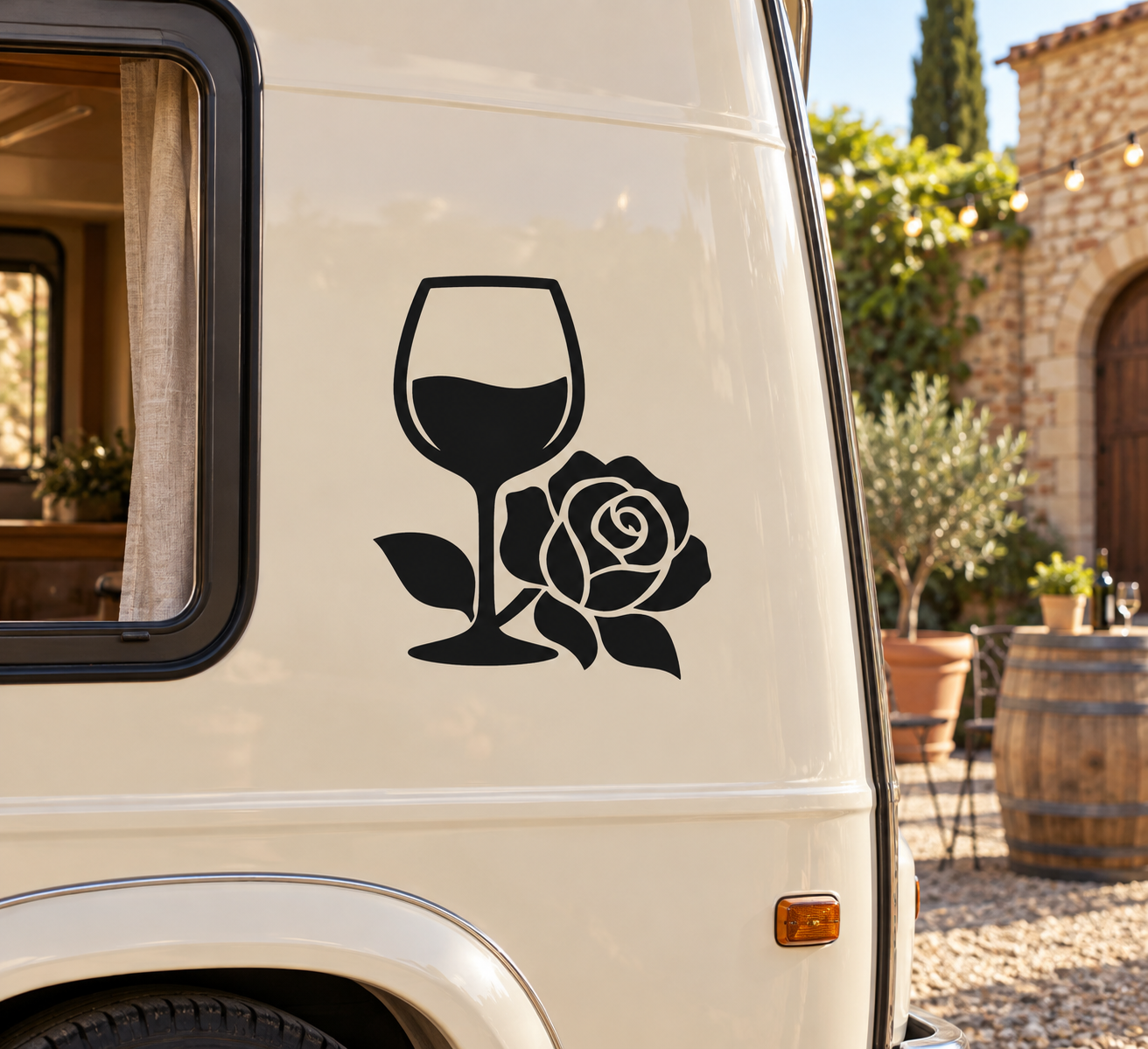 Black wine glass and rose vinyl decal with leaves