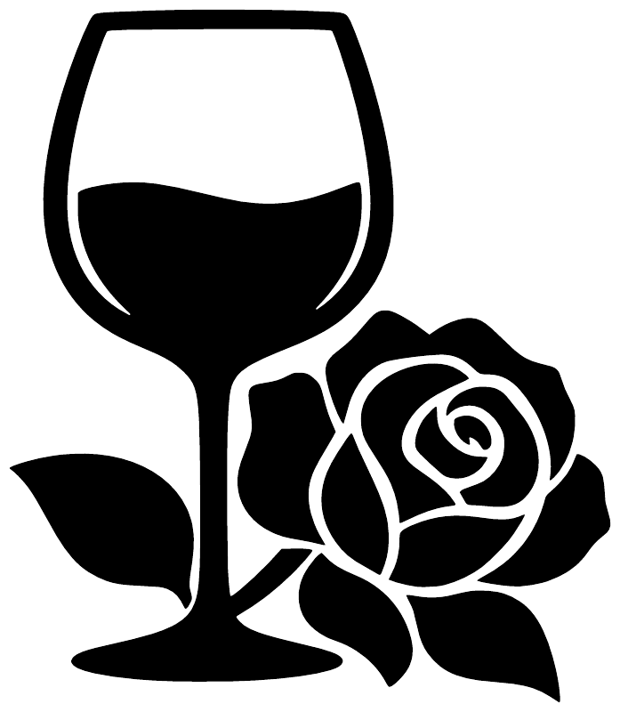 Black wine glass with rose and leaf vinyl decal, close-up