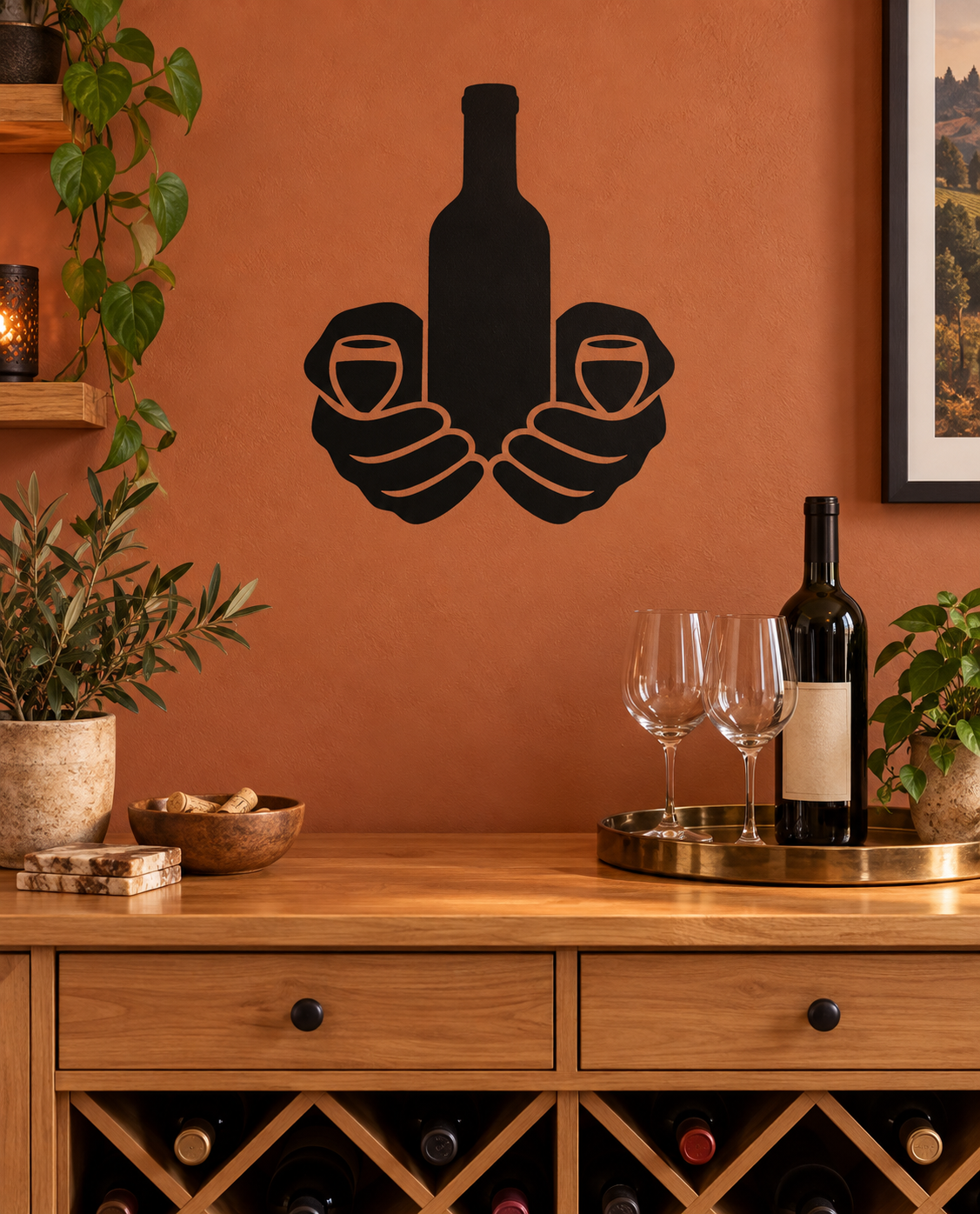 Wine bottle in hands vinyl wall decal, black silhouette design.