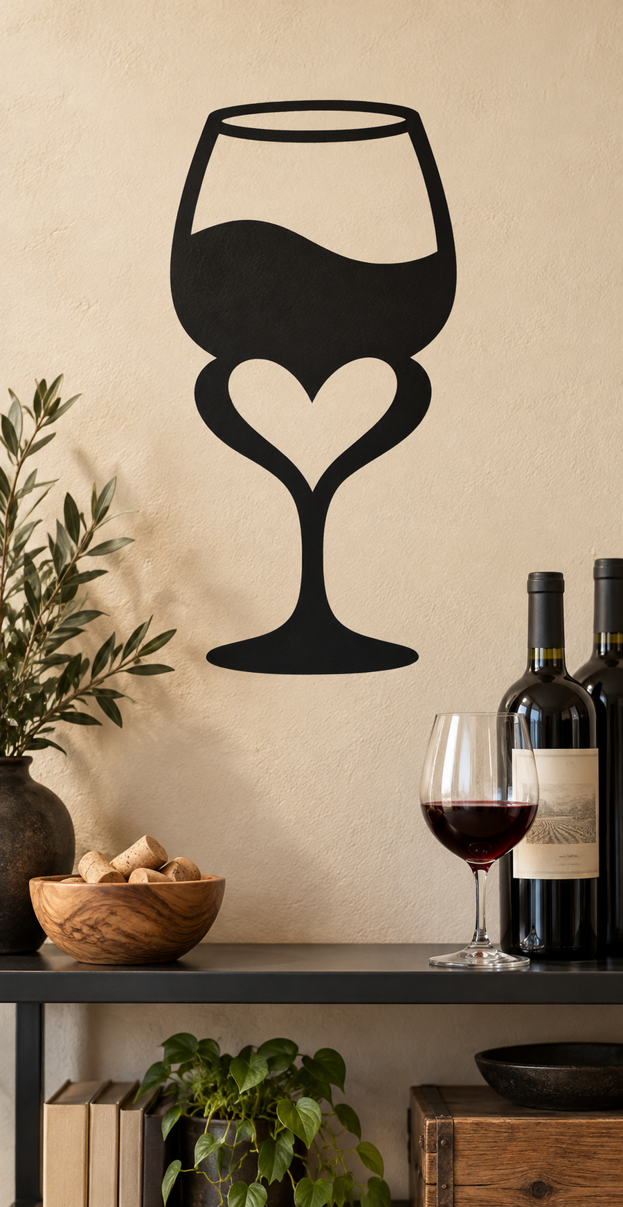 Wine glass vinyl decal with black open-heart shape in the stem