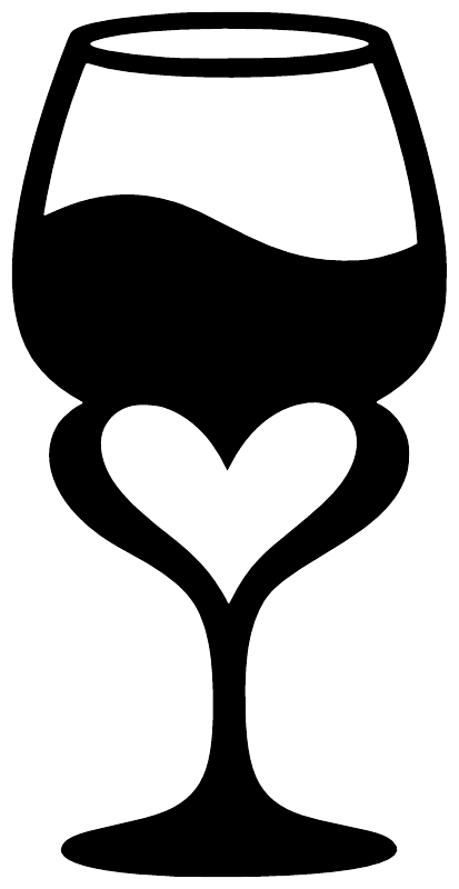 Close-up wine glass vinyl decal with bold black heart cutout in stem