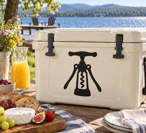 Black wine corkscrew silhouette vinyl decal on white cooler