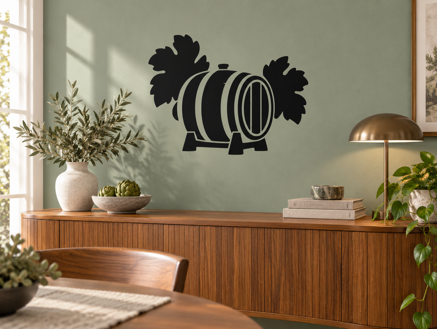 Black wine barrel and leaf vinyl wall decal with oval barrel design and white stripes