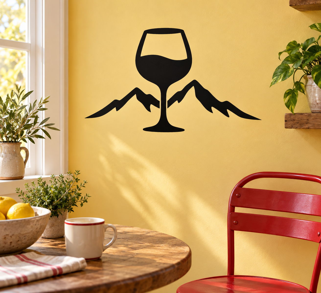 Black wine glass and mountain peak vinyl wall decal