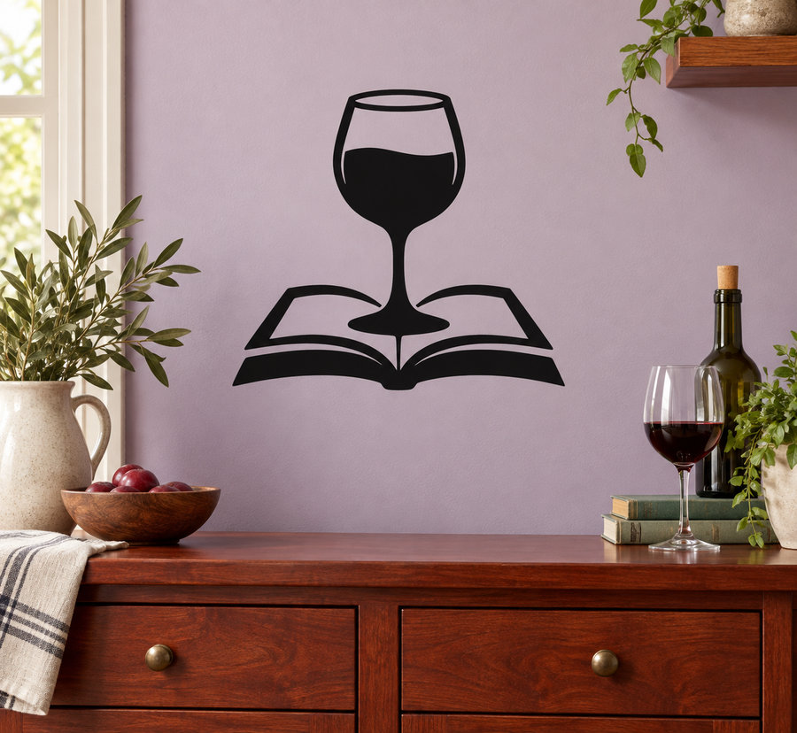 Wine glass and open book vinyl decal, black line art for wall decoration