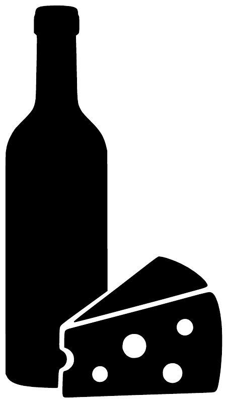 Wine bottle and cheese wedge vinyl decal, black bottle and cheese slice icon