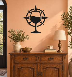 Black wine glass and compass vinyl wall decal with arrow points around the stem