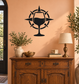 Black wine glass and compass vinyl wall decal with arrow points around the stem