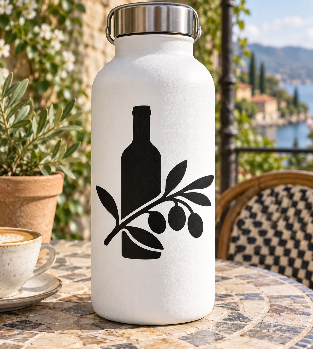 Wine and olive branch vinyl decal, black bottle silhouette with leafy branch and olives