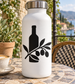 Wine and olive branch vinyl decal, black bottle silhouette with leafy branch and olives