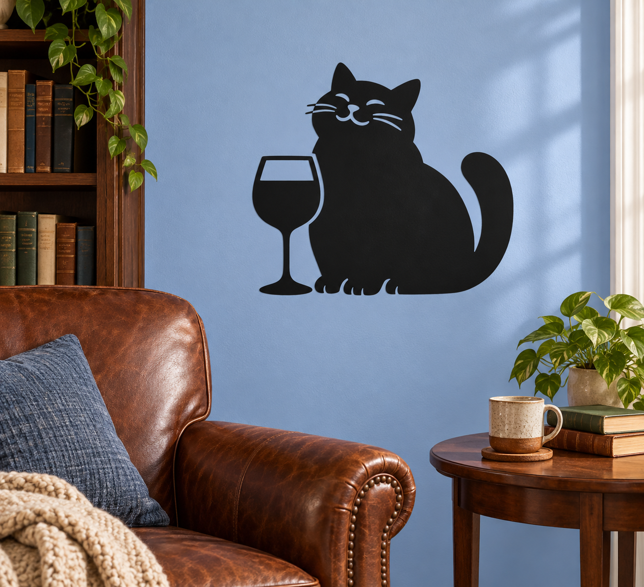 Black cat wine glass vinyl wall decal, cat silhouette holding a wine cup