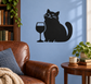 Black cat wine glass vinyl wall decal, cat silhouette holding a wine cup