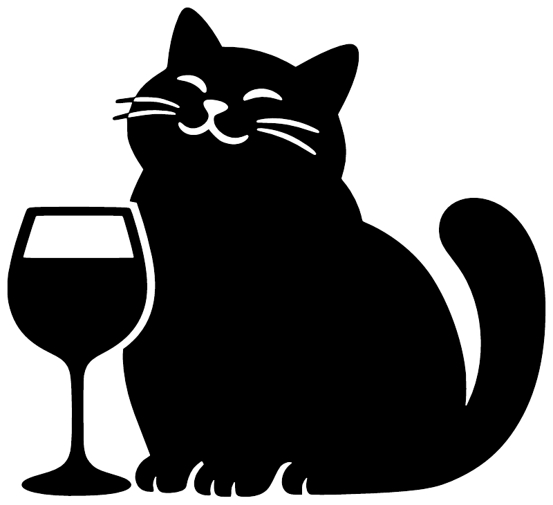 Black cat vinyl decal holding a wine glass, bold cutout silhouette