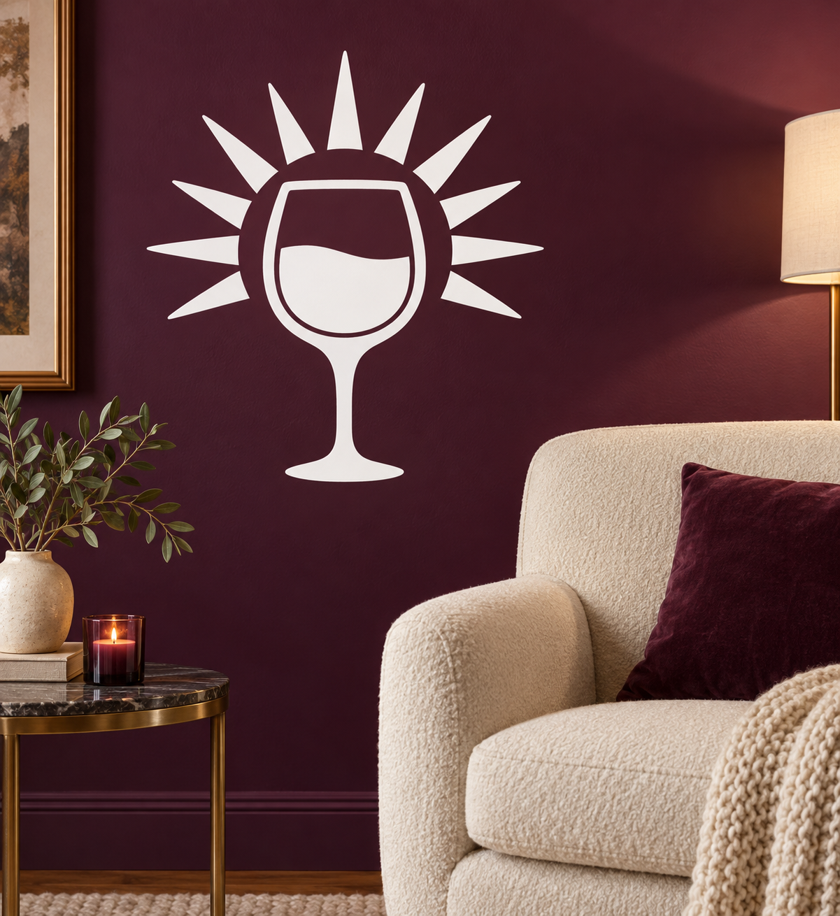 Wine glass vinyl decal with sunburst rays, white outline on dark wall