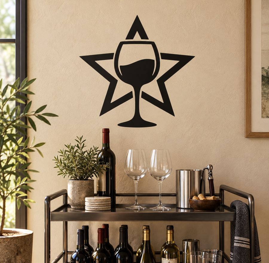Wine glass and open star vinyl decal, black outline on a wall
