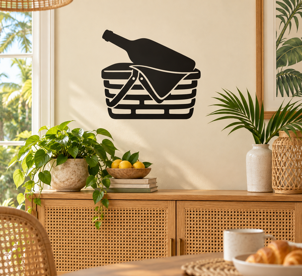 Black wine bottle and picnic basket vinyl decal with ribbon bow