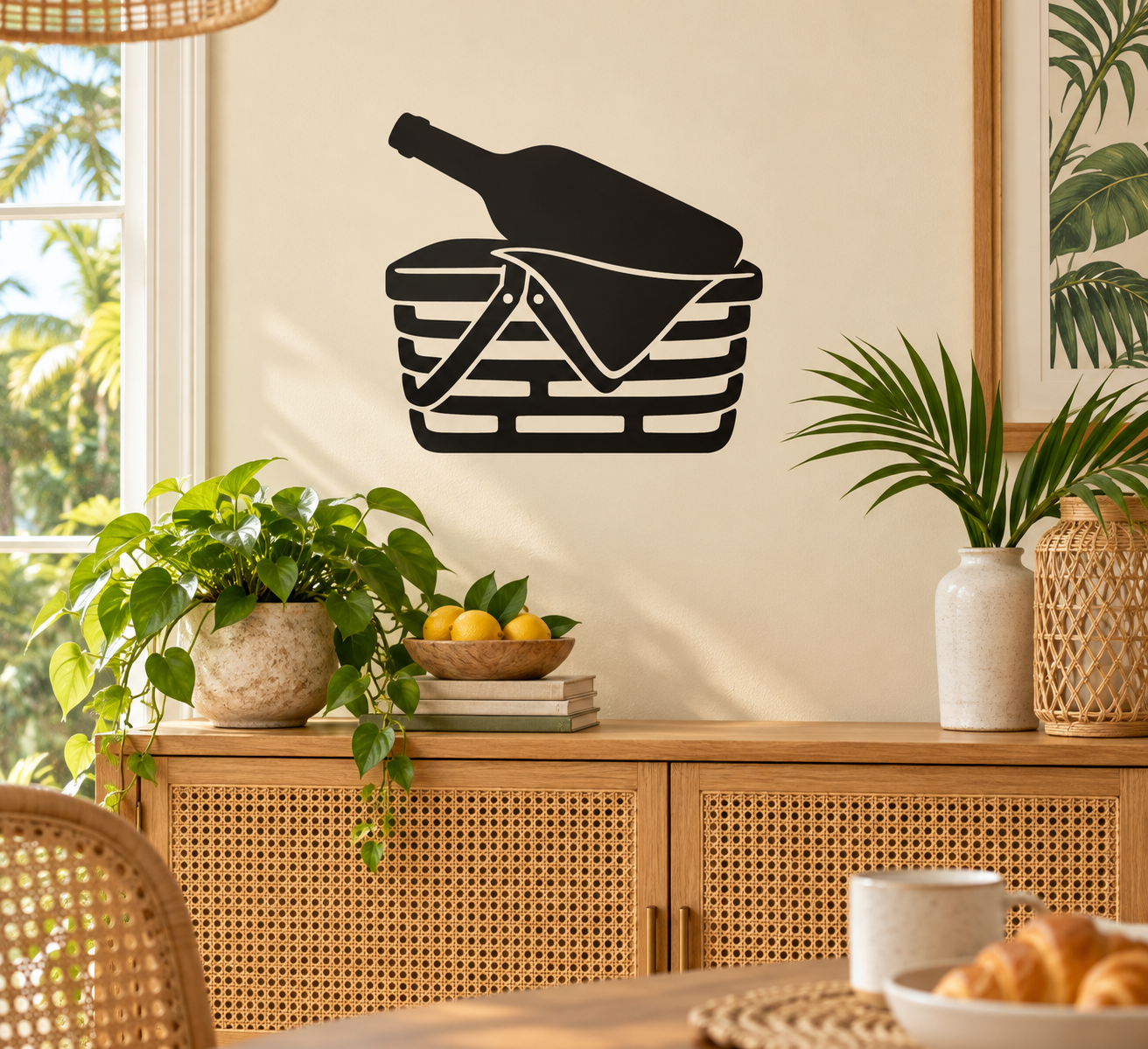 Black wine bottle and picnic basket vinyl decal with ribbon bow