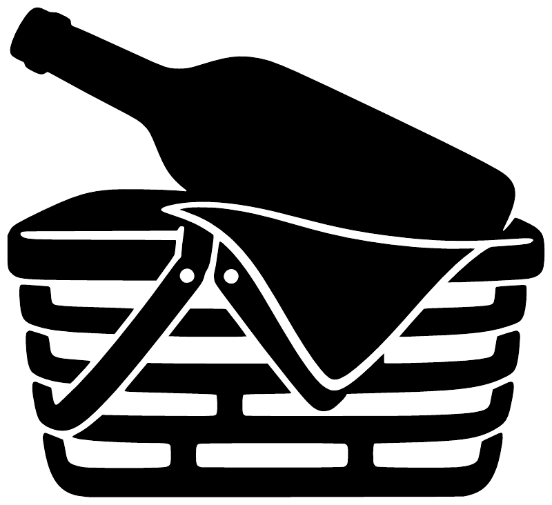 Black vinyl decal showing wine bottle atop stacked picnic basket with ribbon