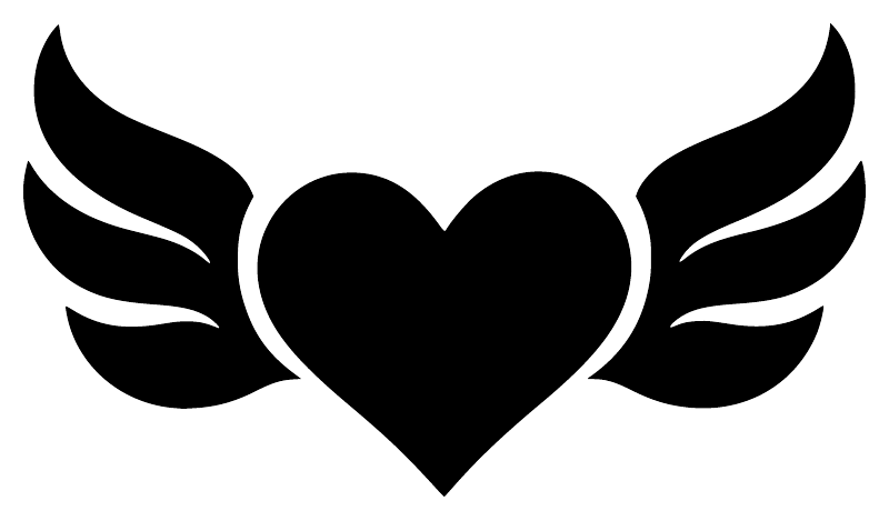 Vinyl wing heart decal, black heart with symmetrical wing shapes on a white background