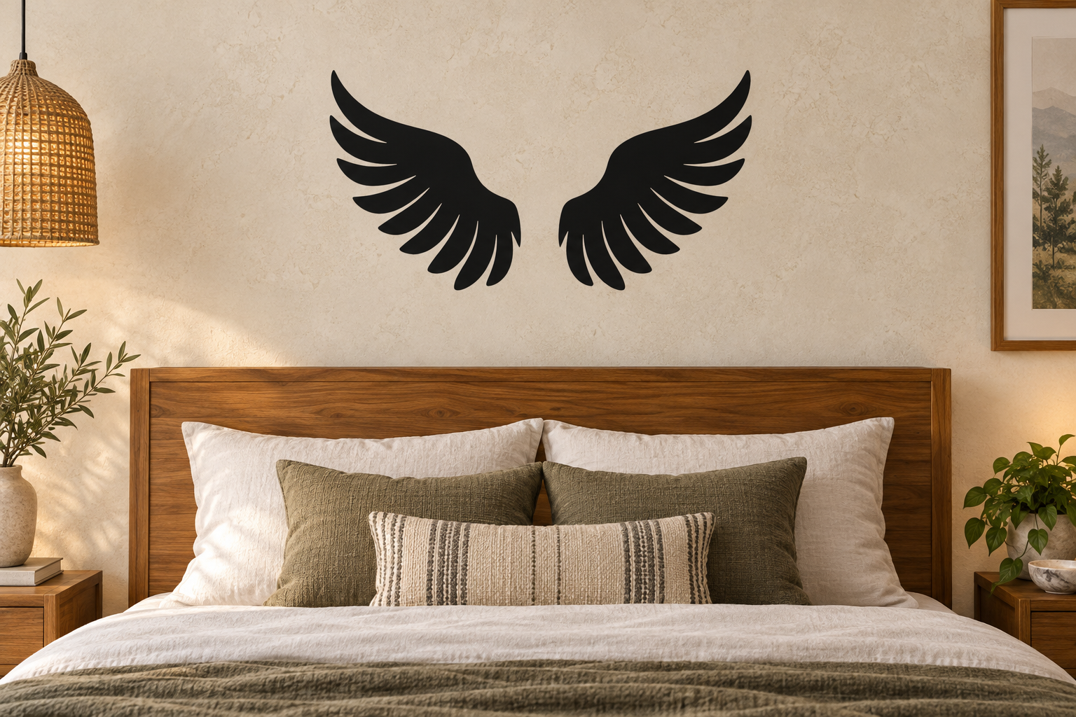 Pair of black angel wing vinyl decals on wall above a bed