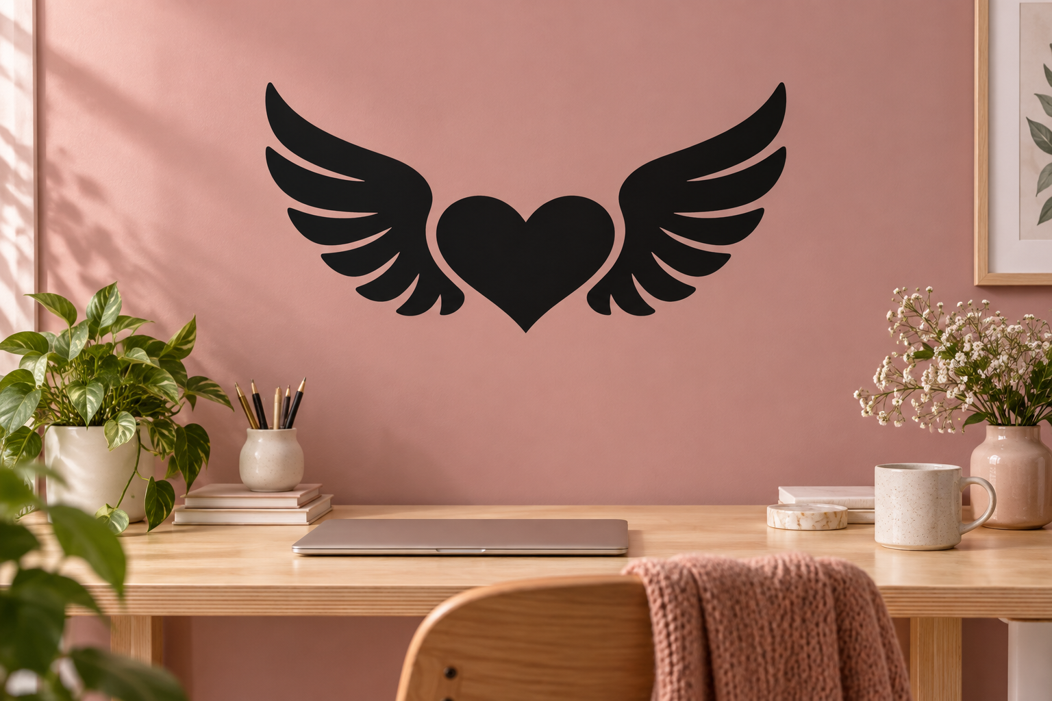 Black vinyl decal of a heart with symmetrical wing shapes on a wall