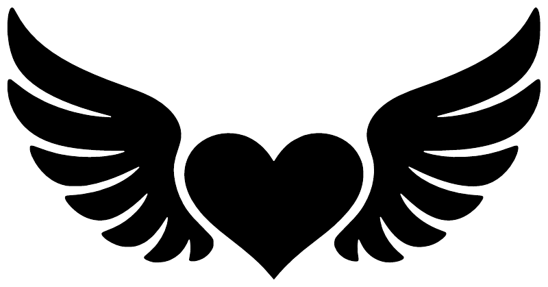 Centered black heart vinyl decal with stylized wings on both sides
