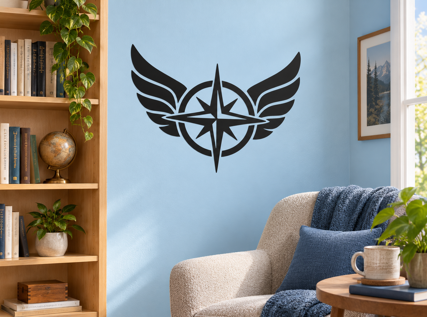 Wing and compass vinyl wall decal with black compass rose and spread wings