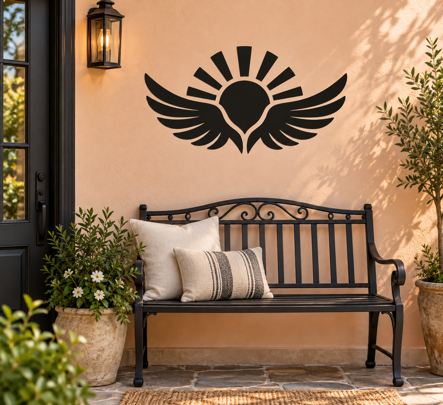 Vinyl wall decal with black wing-and-sunburst icon above a bench