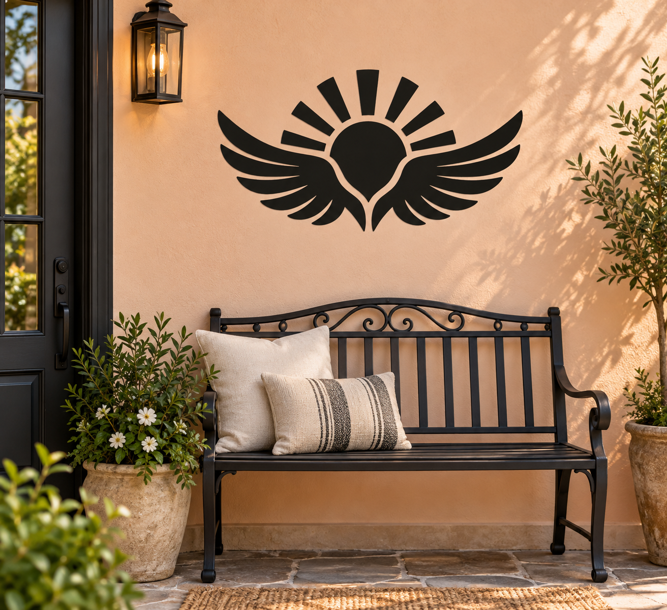 Vinyl wall decal with black wing-and-sunburst icon above a bench